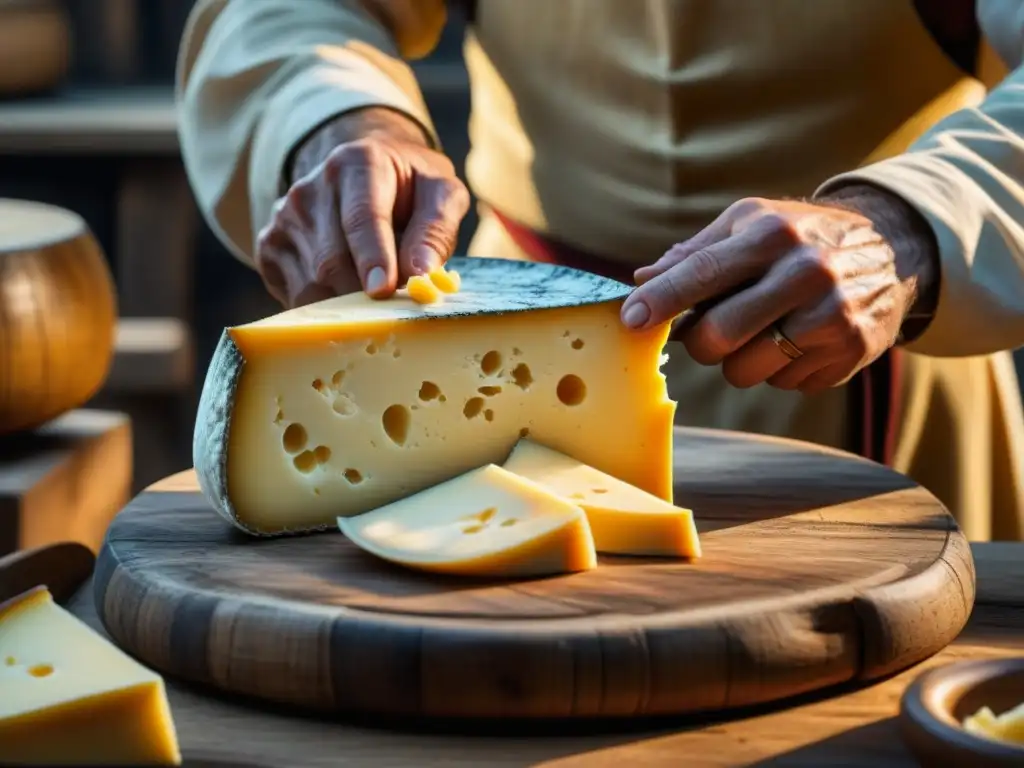 Un artesano de quesos de la Edad Media moldea con cuidado una rueda de queso, reflejando la dedicación y arte ancestral