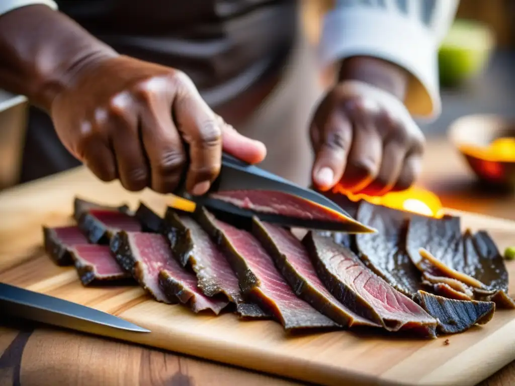 Un artesano sudafricano experto cortando biltong, resaltando la tradición y destreza