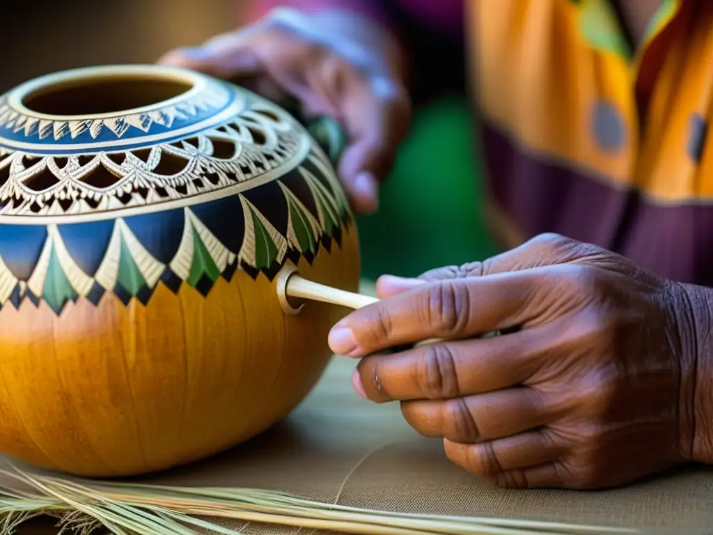 Artesano sudamericano tallando detalladamente una calabaza de mate, historia de bebidas europeas adaptadas en Sudamérica