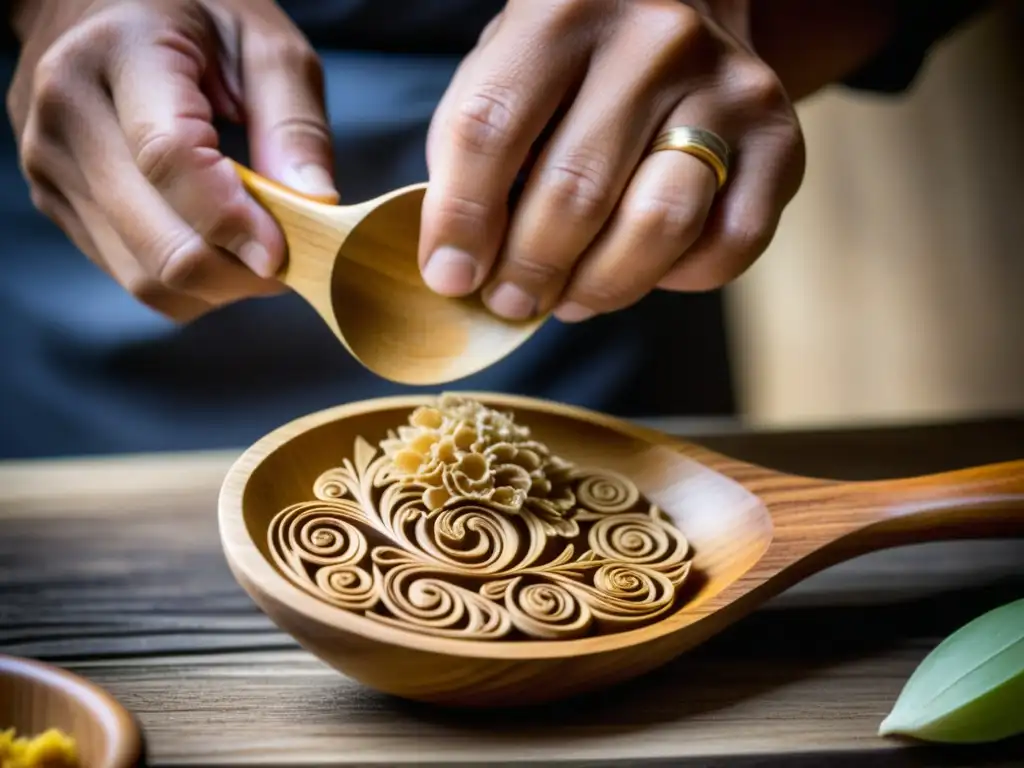 Un artesano en Asia talla con destreza en una cuchara de madera, mostrando la artesanía de los utensilios de cocina en Asia