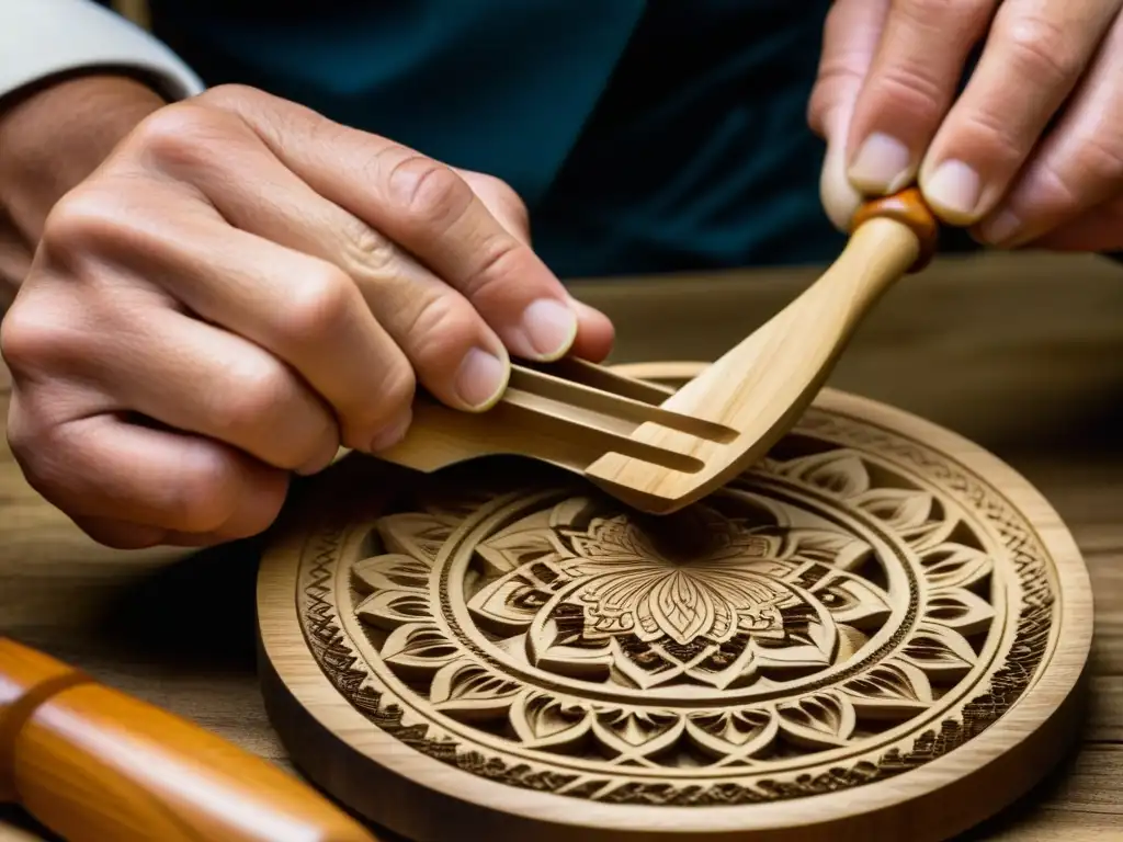 Artesano tallando utensilio de cocina de madera con precisión Un artesano talla con precisión patrones en utensilio de cocina tradicional, mostrando el renacimiento de la artesanía