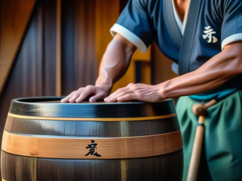 Un artesano de una tradicional destilería de sake japonés, puliendo un barril de madera, reflejando la historia del sake y globalización