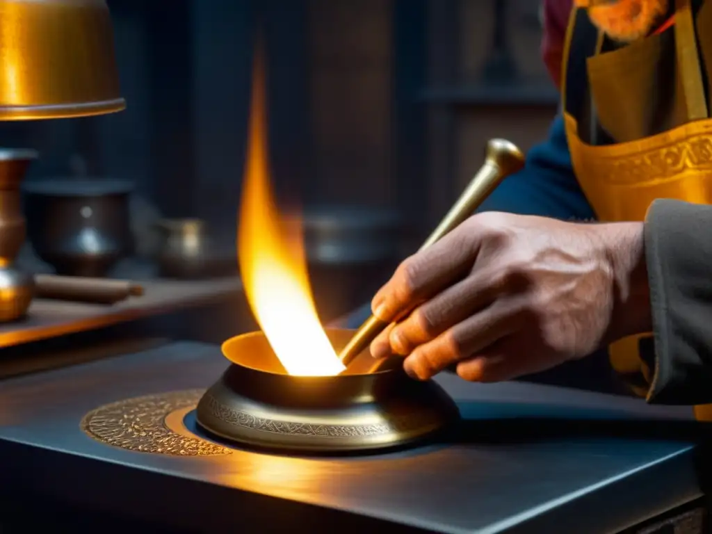 Un artesano crea réplica de utensilio histórico en taller iluminado, detallando grabados en metal