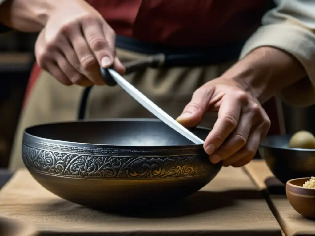 Un artesano hábil replica utensilios antiguos de cocina con detalle y destreza, destacando la artesanía y tradición