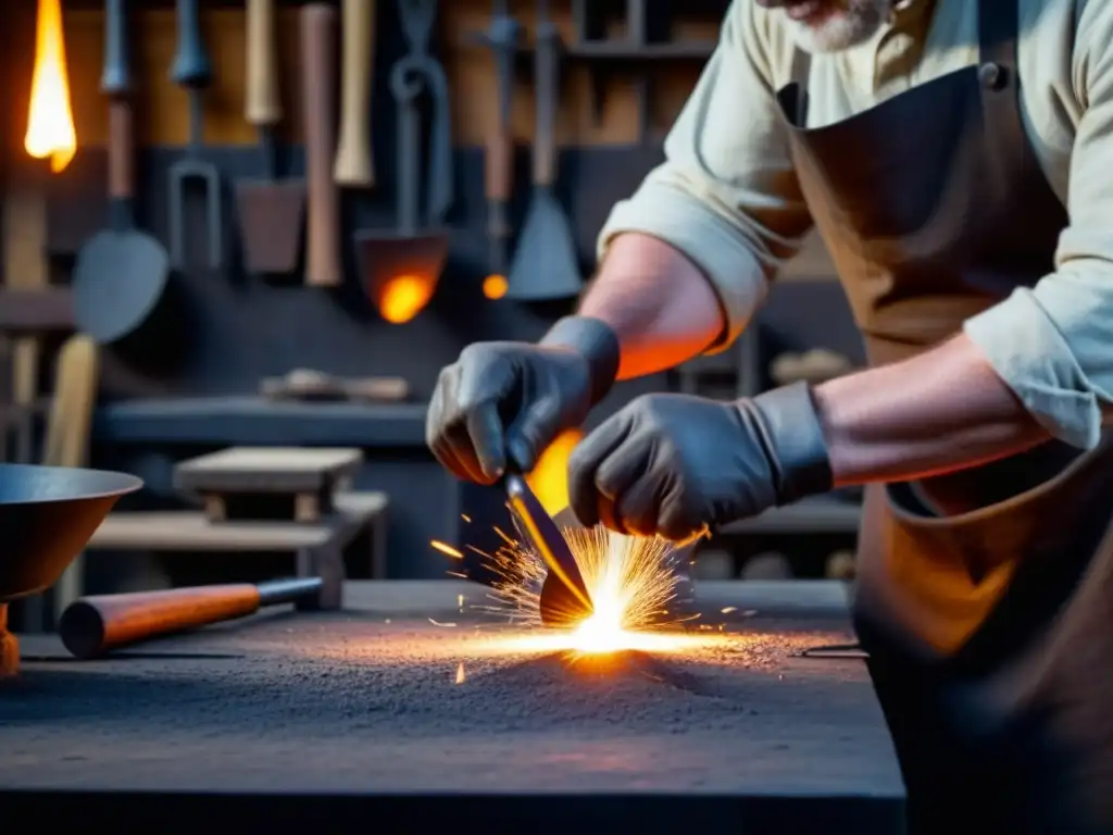 Artesanía ancestral: Forjando historia con maestría Un artesano forja utensilios históricos para cocina en su taller, con metal al rojo vivo y una concentración intensa
