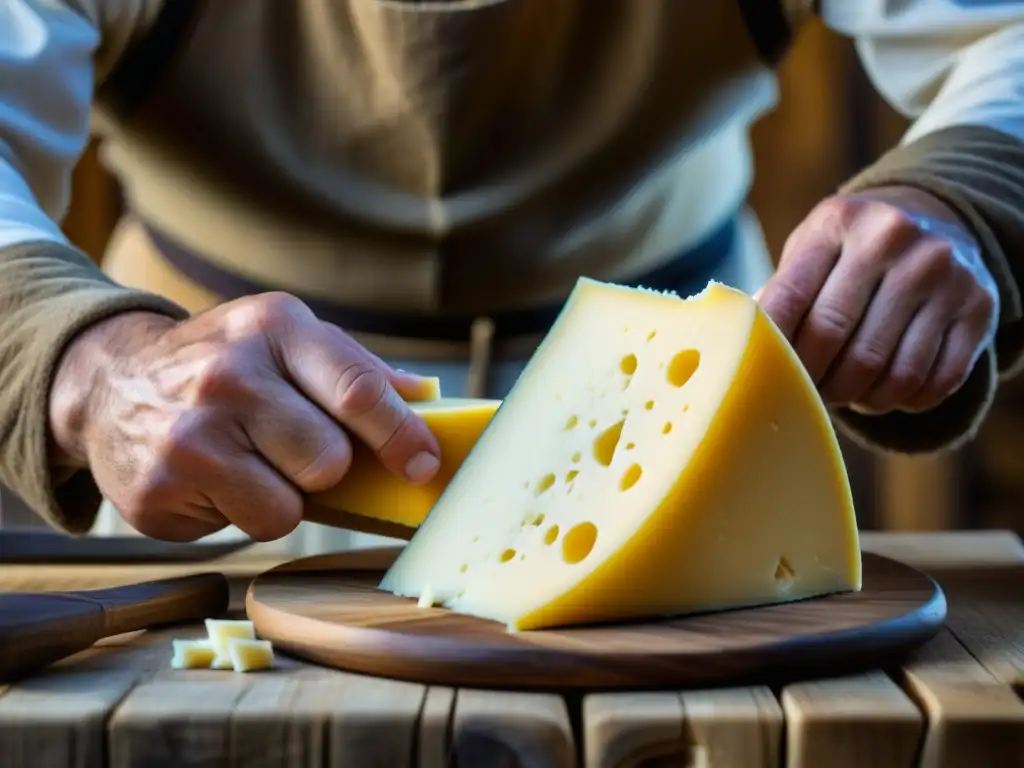 Un artesano vikingo elaborando queso tradicional con destreza, mostrando la riqueza láctea en dieta vikinga