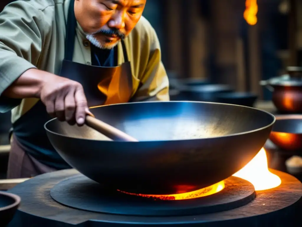 Un artesano en Asia crea un wok tradicional con precisión