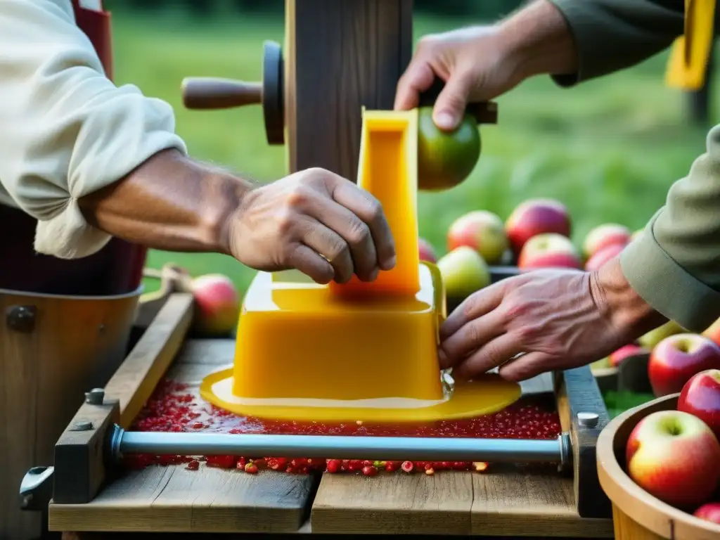 Artesanos prensan manzanas en un lagar de sidra renacentista en un huerto italiano, historia de la sidra renacimiento italiano