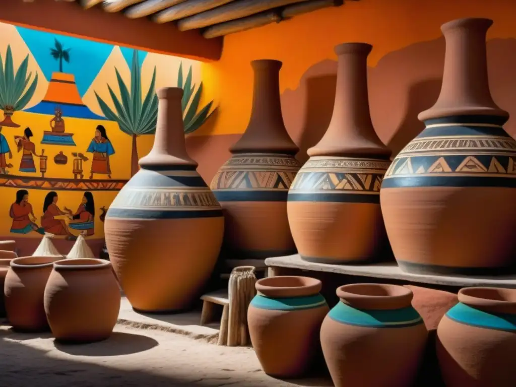 Artesanos prehispánicos elaborando pulque en alfarería, rodeados de murales vibrantes