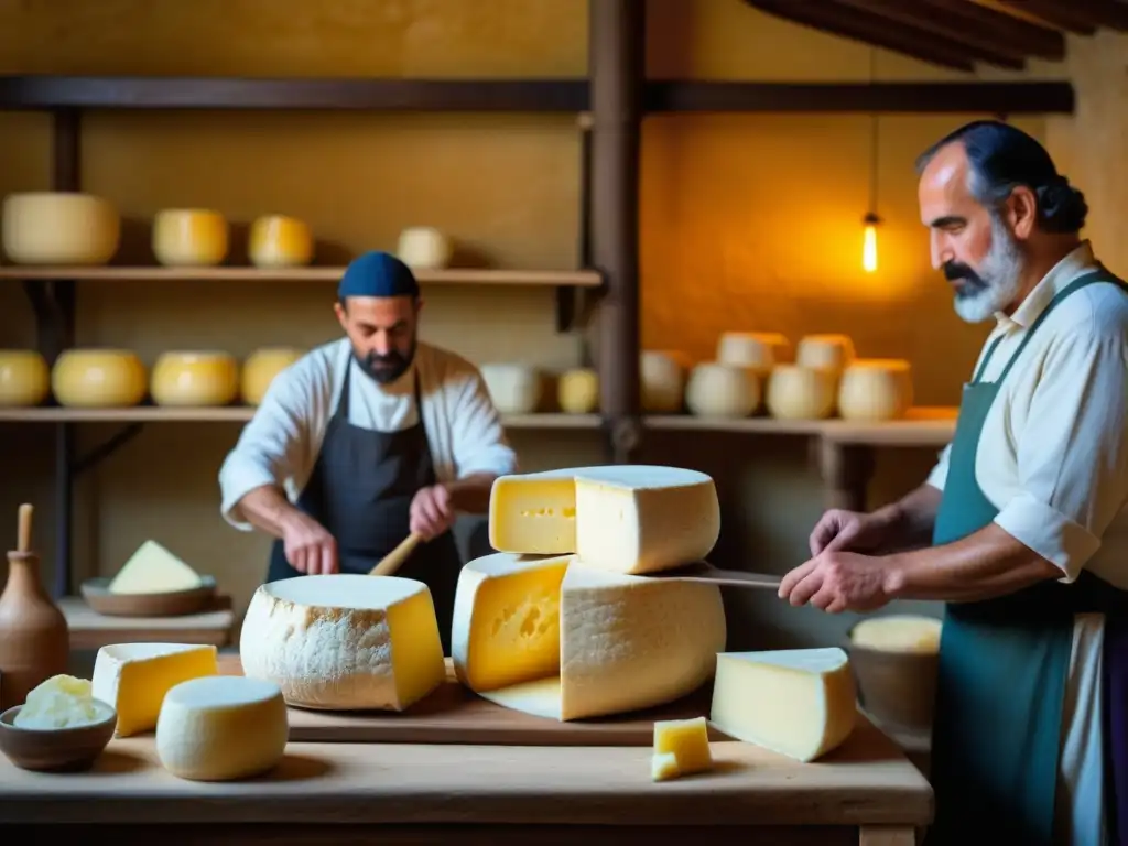 Artesanos elaborando quesos bizantinos históricos en taller detallado