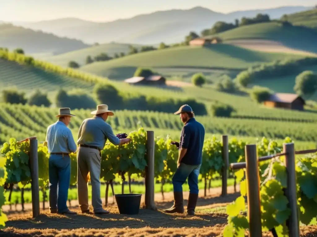 Artesanos del vino en viñedo, seleccionando uvas orgánicas bajo el sol