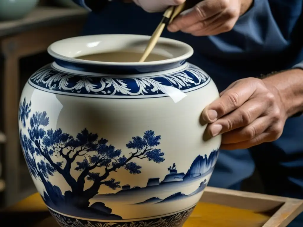 Restauración de Porcelana: Arte y Maestría Un artista restaura con maestría una antigua vasija de porcelana, fusionando técnicas tradicionales y modernas