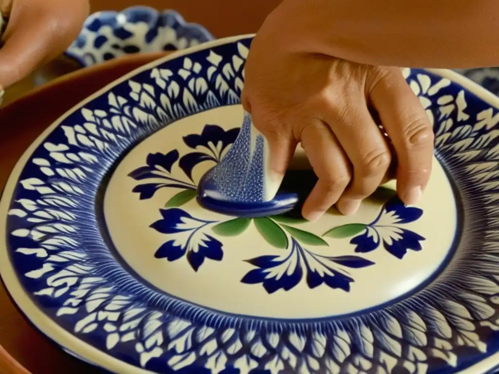 El artista pinta con destreza patrones florales en cerámica Talavera, mostrando la historia y cultura detrás de esta artesanía única