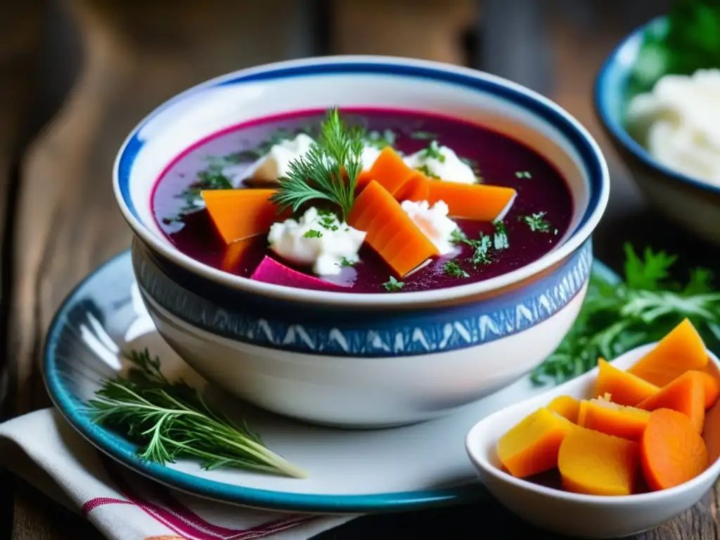 Una representación artística de la cocina rusa contemporánea que fusiona tradición y modernidad en un plato de borscht
