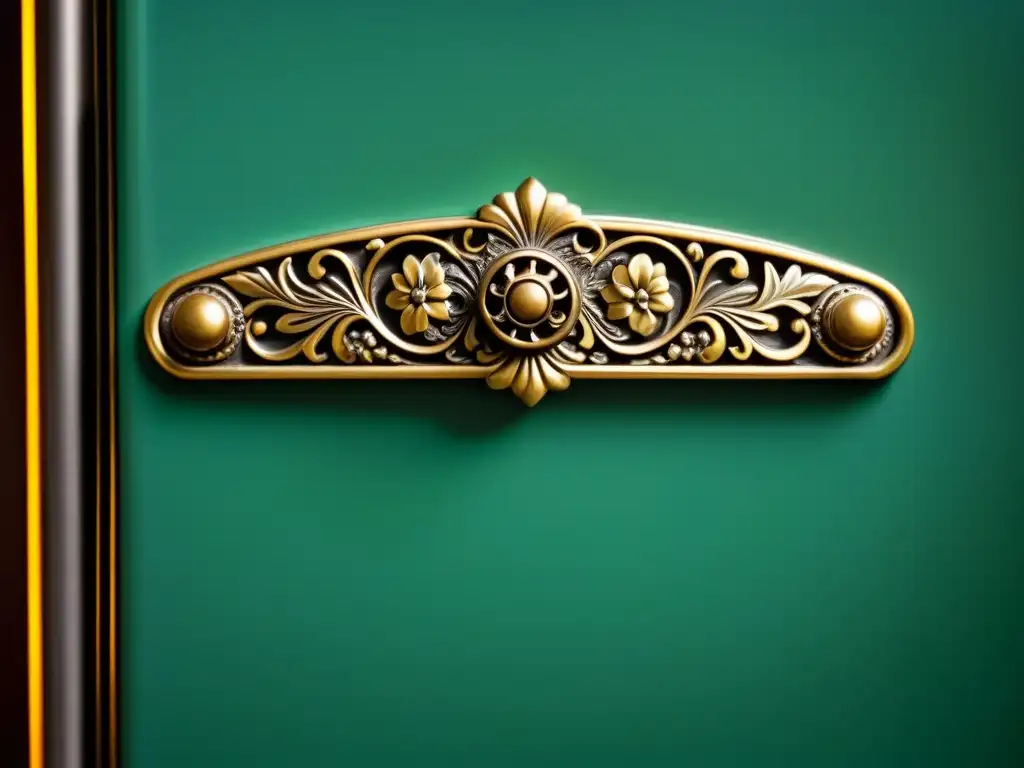 Manija vintage de nevera: detalle ornamental y nostálgico Un asa de puerta de refrigerador vintage con diseños florales y detalles metálicos desgastados, evocando recetas históricas y culturas gastronómicas