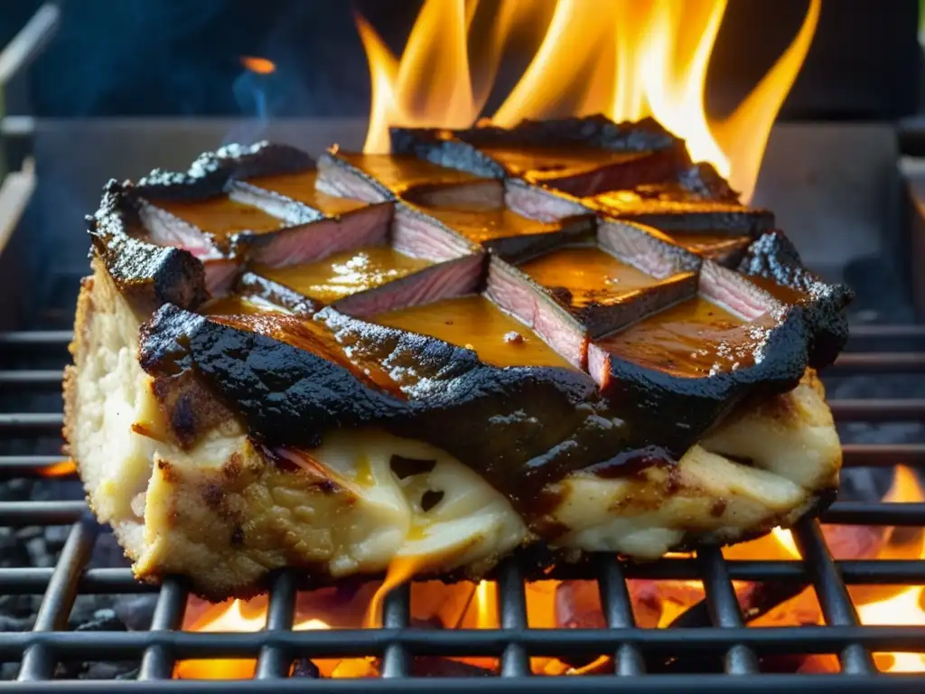 Un asado con cuero patagónico dorado y crujiente girando lentamente sobre llamas, en una parrilla de hierro