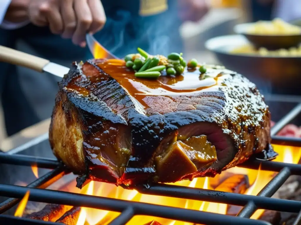 Un asado al estilo británico en Asia: Detalles dorados y suculentos en un mercado bullicioso