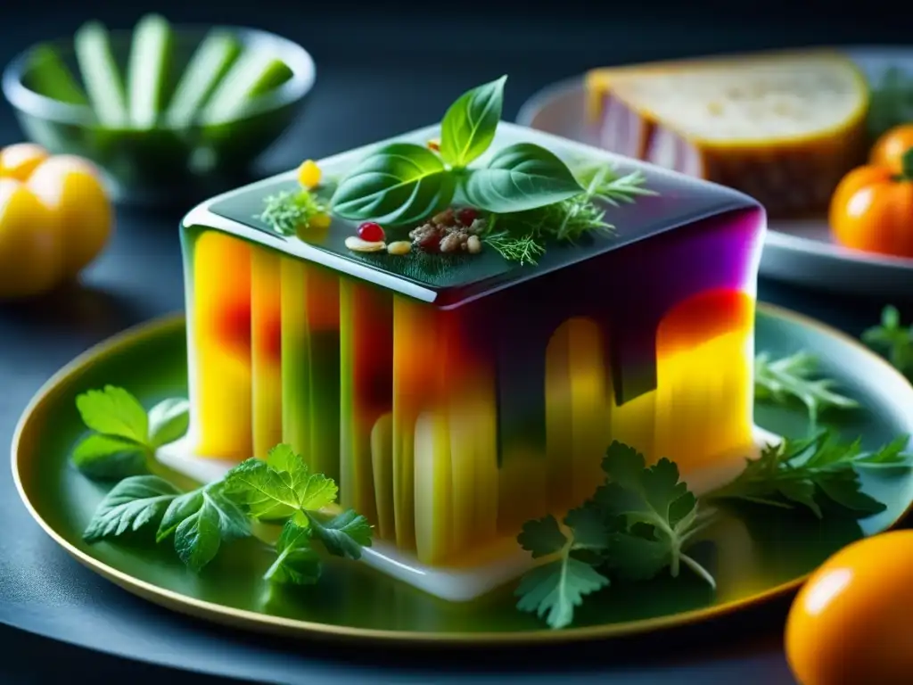 Una aspic meticulosamente elaborada con capas de verduras, carnes y hierbas en gelatina, capturando la luz para revelar texturas y sabores