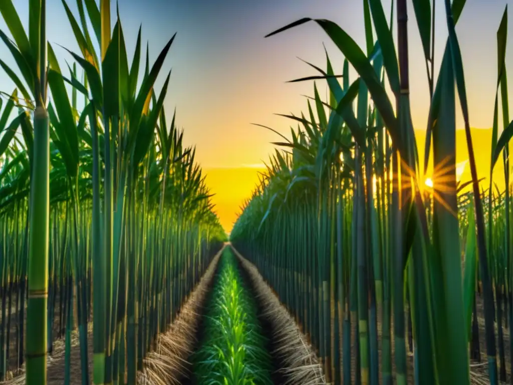 Un atardecer dorado sobre extensos campos de caña de azúcar, resaltando la belleza y origen histórico del azúcar