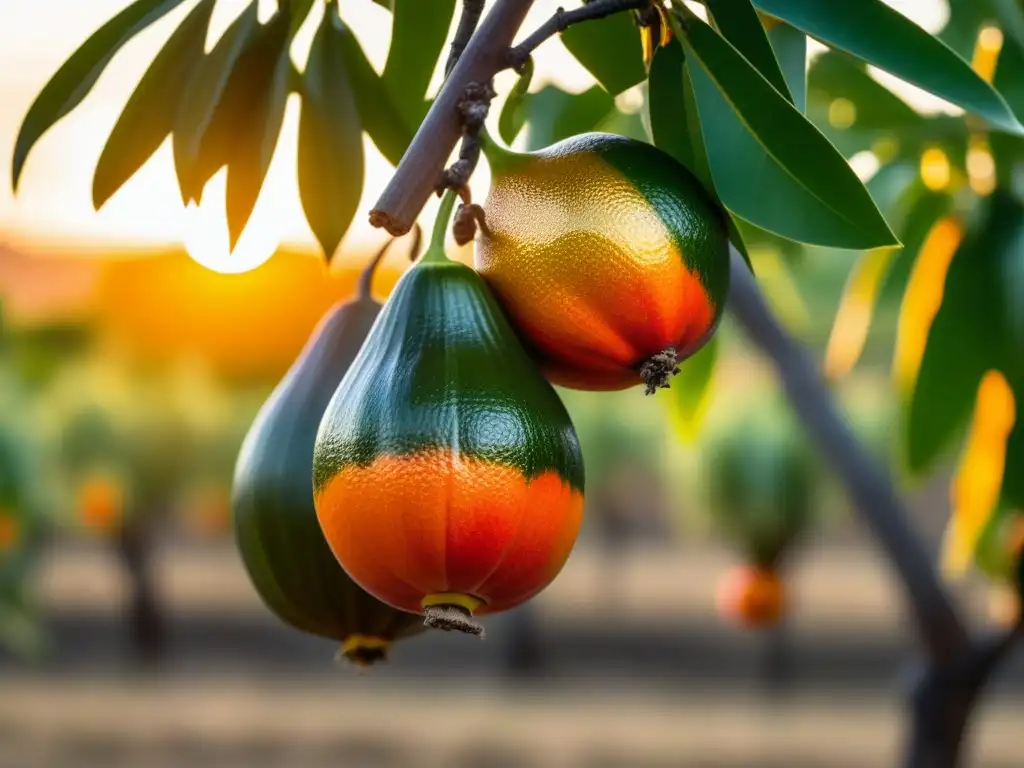 Un atardecer en un huerto de lúcumas, resaltando la fruta madura y detalles de la piel, con siluetas de agricultores al fondo