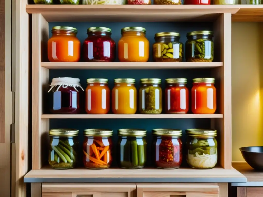 Atractivas jarras coloridas de alimentos fermentados en estantes de madera en cocina rústica, mostrando la fermentación en casa para principiantes