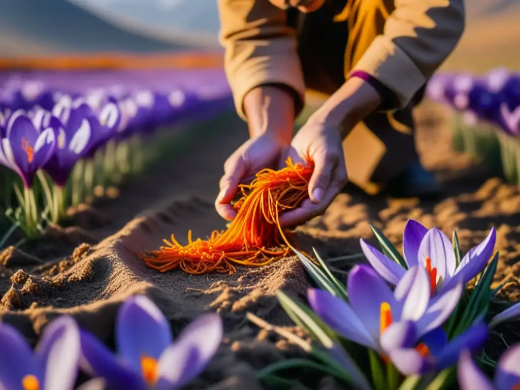 Recolectando azafrán rojo entre flores moradas en campo soleado de Cachemira, India, evocando historia de especias en Asia