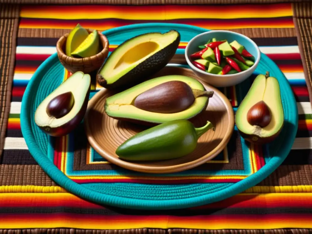 Una festín azteca detallado en una colorida mantel tejido, con alimentos como cacao, maíz, chiles y aguacate