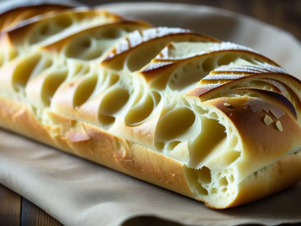 Una baguette recién horneada con crujiente corteza dorada y miga esponjosa