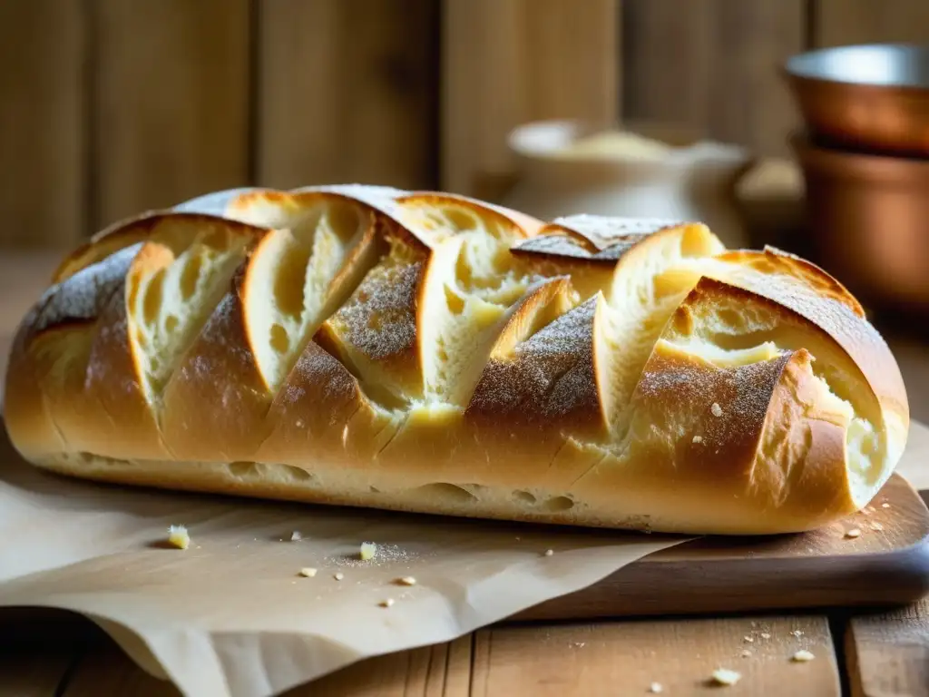 Una baguette recién horneada sobre mesa de madera rústica en cocina francesa vintage