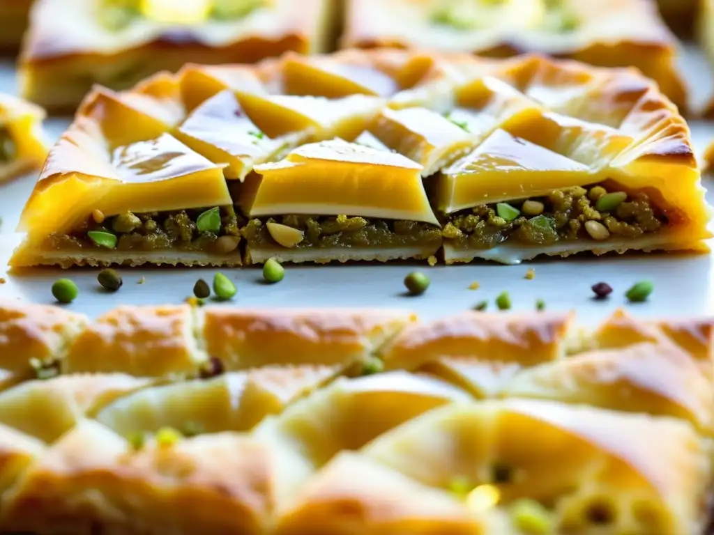 Un baklava dorado y delicado con miel y pistachos, en un mercado del Califato Abásida