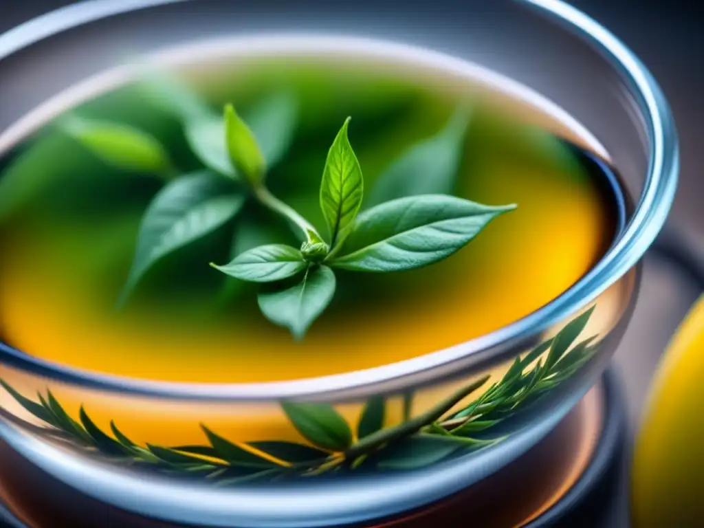 Un ballet de hojas de té se expande en agua caliente en una tetera de cristal, capturando la esencia delicada de la preparación del té