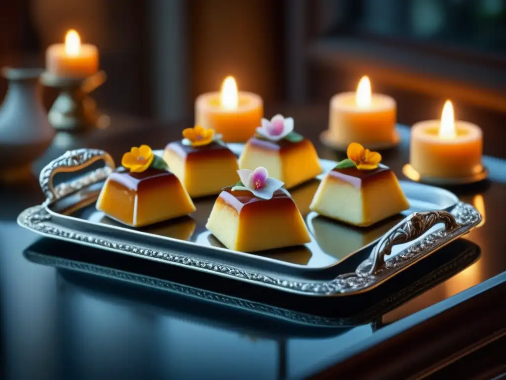 Una bandeja de plata antigua con exquisitos postres decorados con oro comestible y flores, en un ambiente de lujo