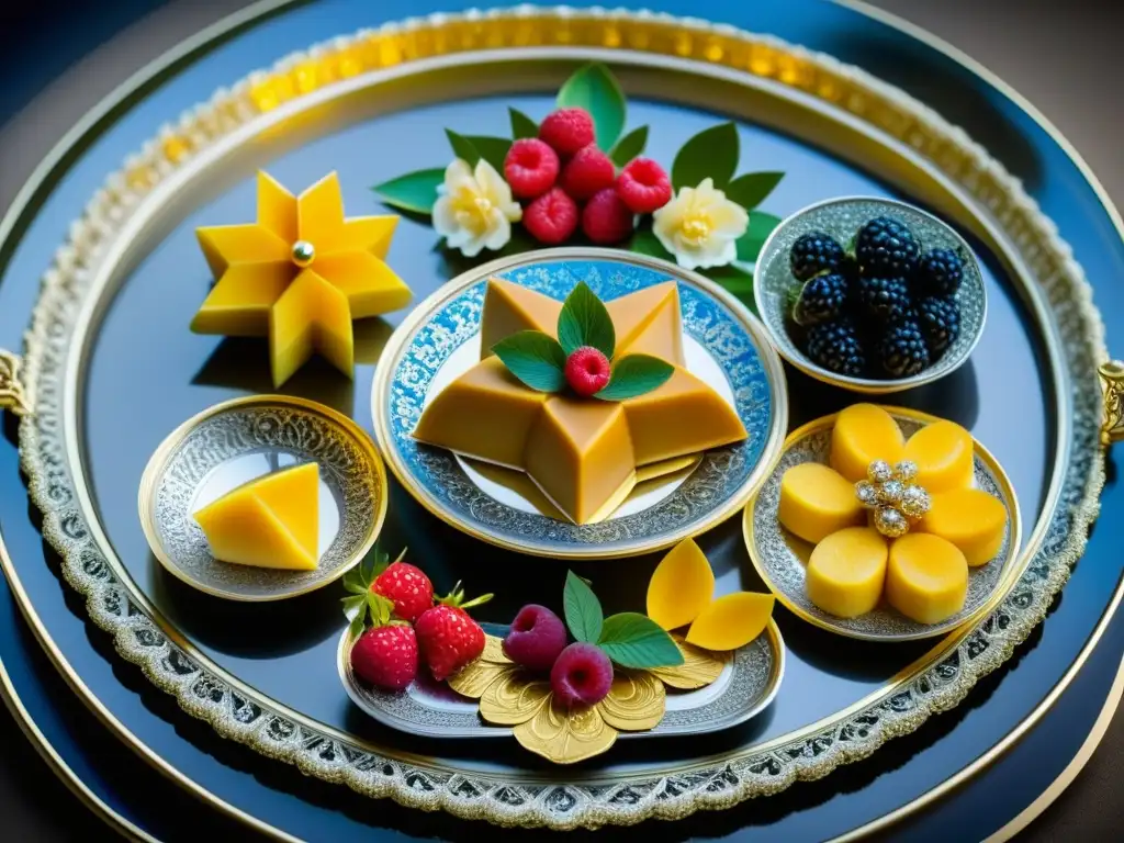 Una bandeja de plata detalladamente decorada con exquisiteces de diferentes países, simbolizando la rica cocina de Catalina la Grande y sus intercambios culturales