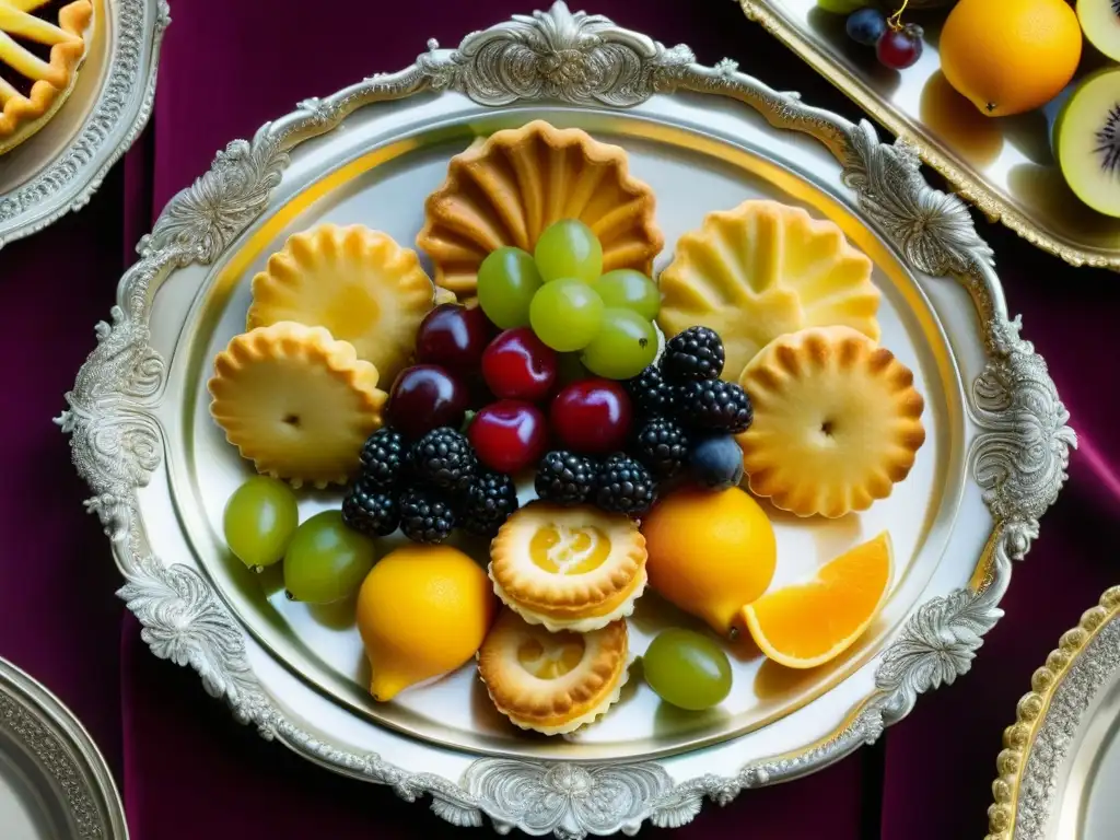 Una bandeja de plata dorada rebosante de pasteles y frutas, reflejo de la opulencia culinaria de la Francia Barroca