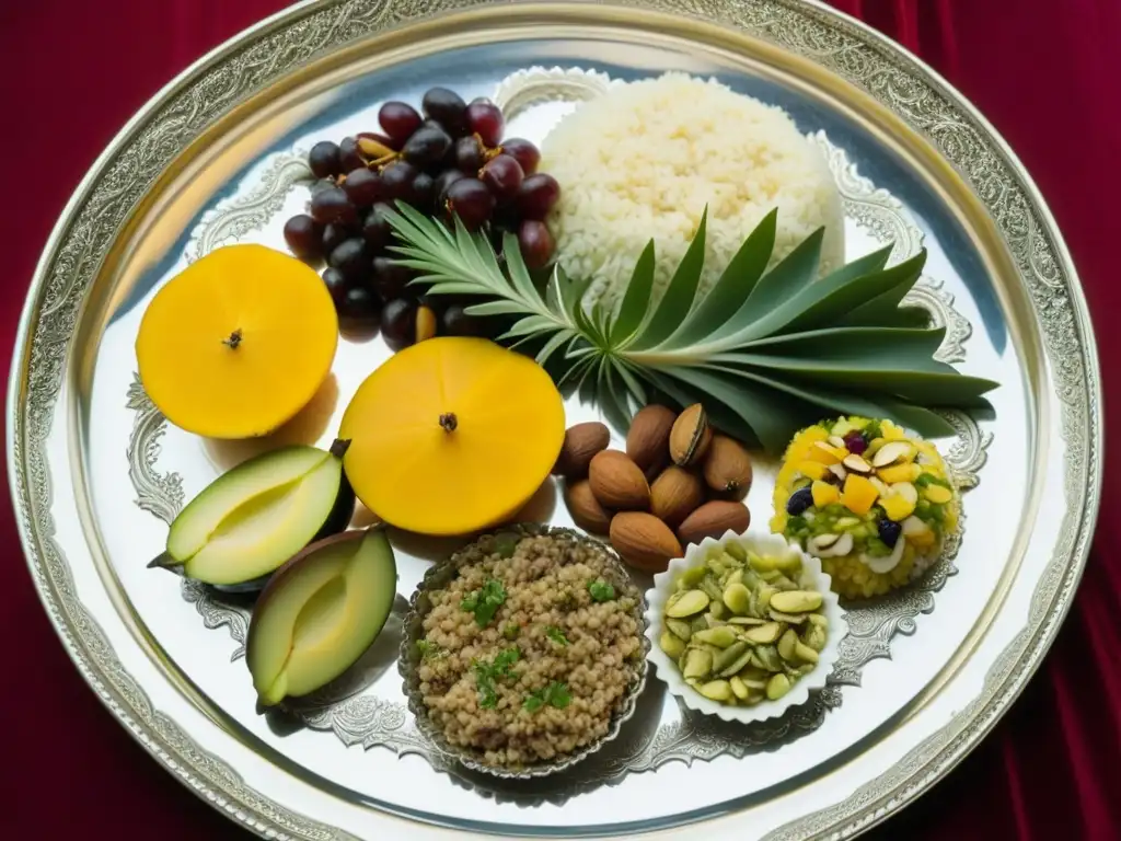 Una bandeja de plata llena de exquisitas recetas históricas del Imperio Turco, con colores vibrantes y diseños intrincados