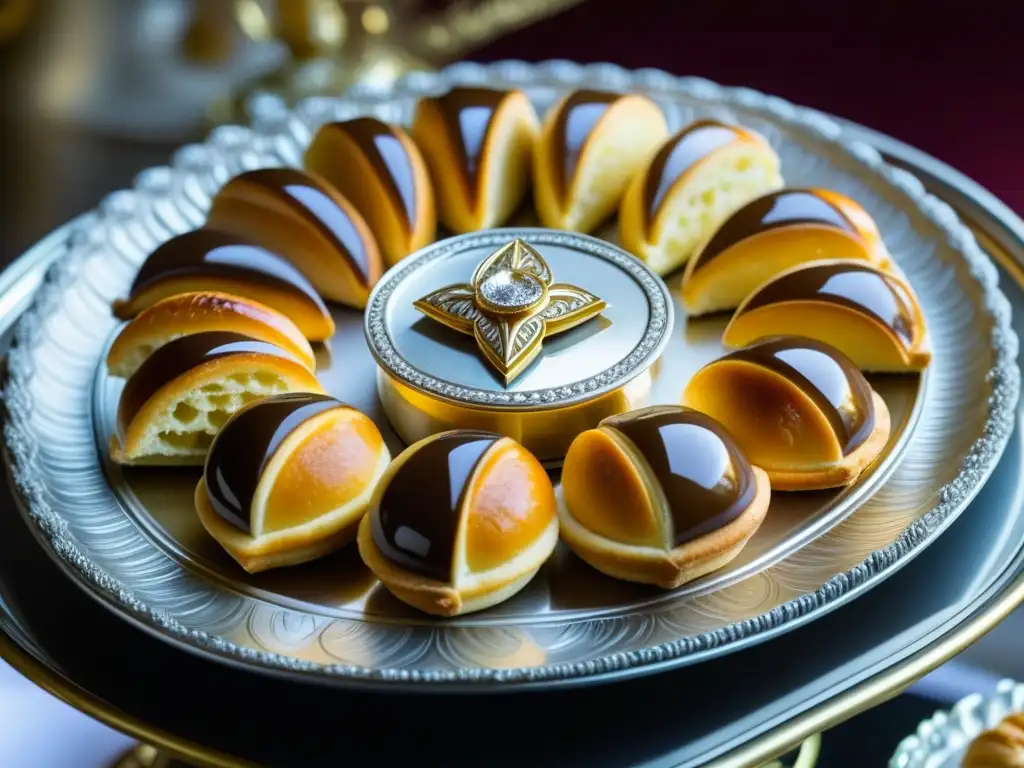 Una bandeja de plata llena de exquisitos postres franceses, reflejo de la alta cocina francesa de la historia