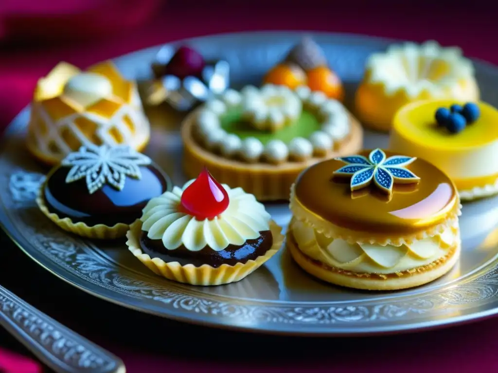 Una bandeja plateada llena de exquisitos pasteles franceses y petit fours, reflejando la alta cocina francesa historia recetas