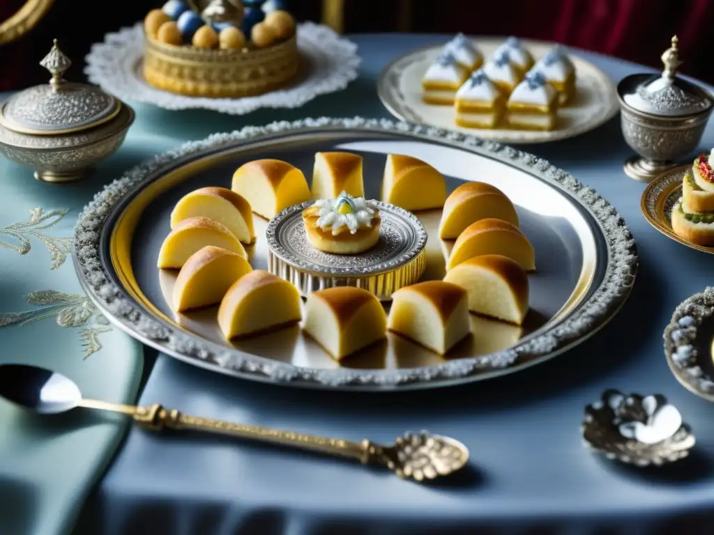 Una bandeja plateada llena de exquisitos postres y pasteles decorados con escenas de la era napoleónica