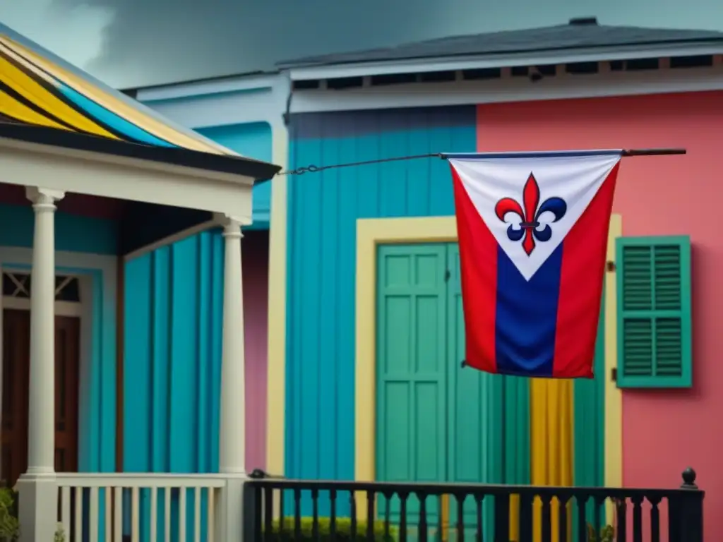 Bandera vudú colorida frente a casa criolla en Nueva Orleans