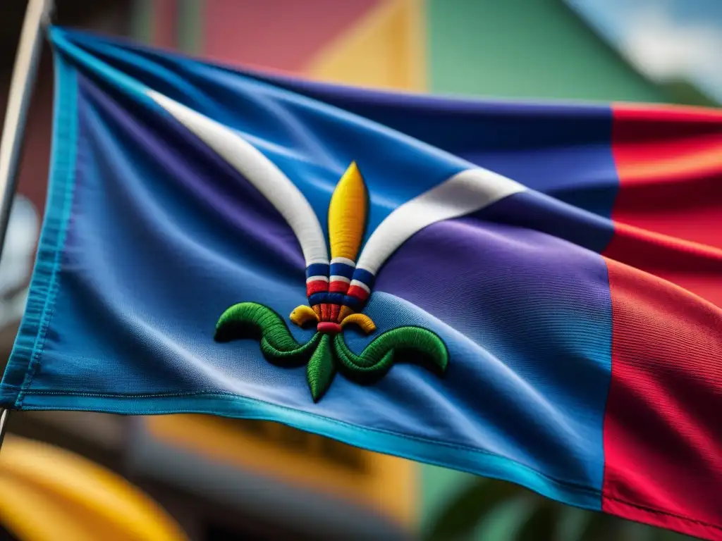 Bandera Vudú colorida ondeando al viento, detallados diseños e influencia haitiana en la cocina