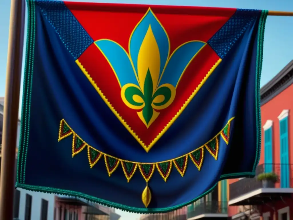 Bandera Vodou vibrante ondeando en Nueva Orleans, mostrando detalles de cuentas y simbología