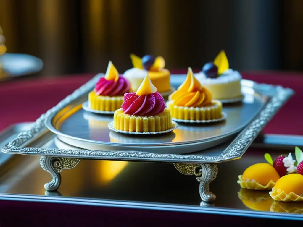 Un banquete aristocrático en un palacio histórico, con postres ornamentados y detallados