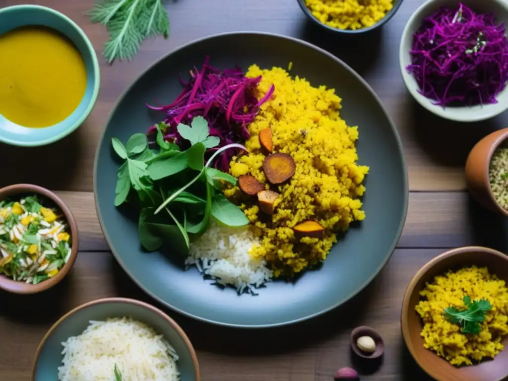 Un banquete Ayurveda armonioso en mesa de madera: curry dorado, ensalada de remolacha, arroz basmati y especias en potes de barro