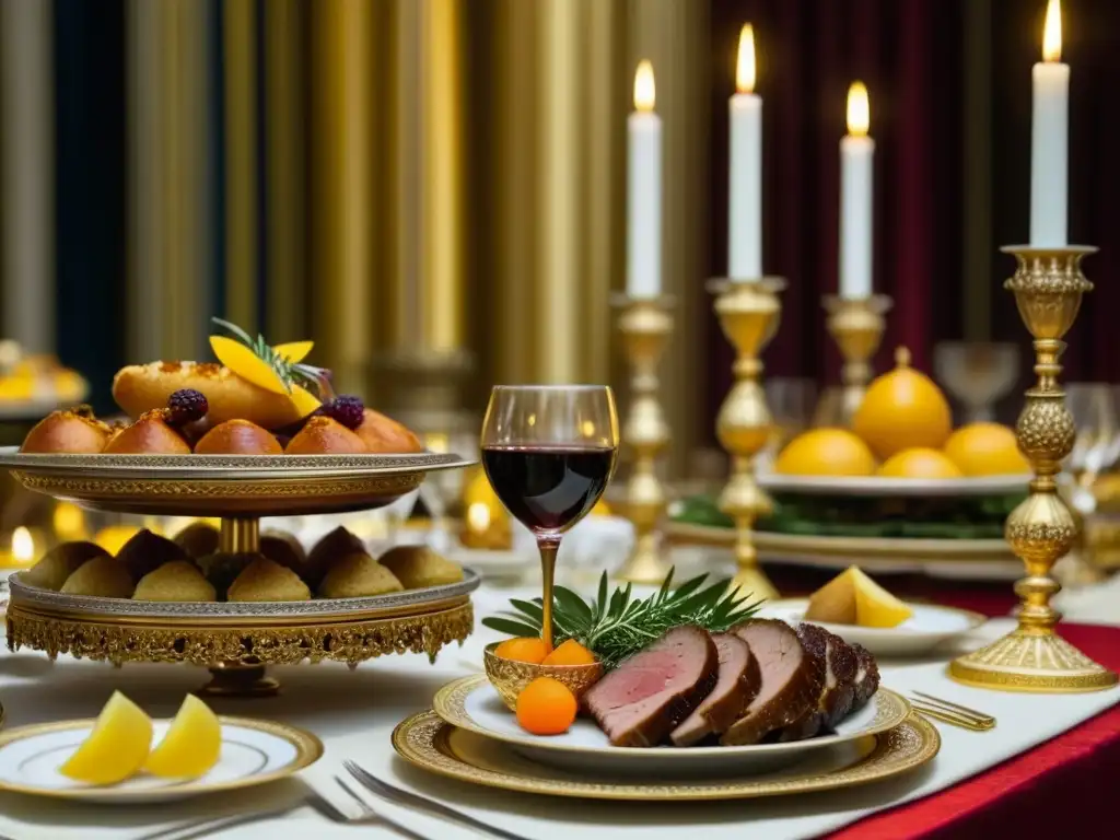 Banquete bizantino: opulencia y exquisitez Un banquete bizantino opulento con platos exquisitos y decoración lujosa