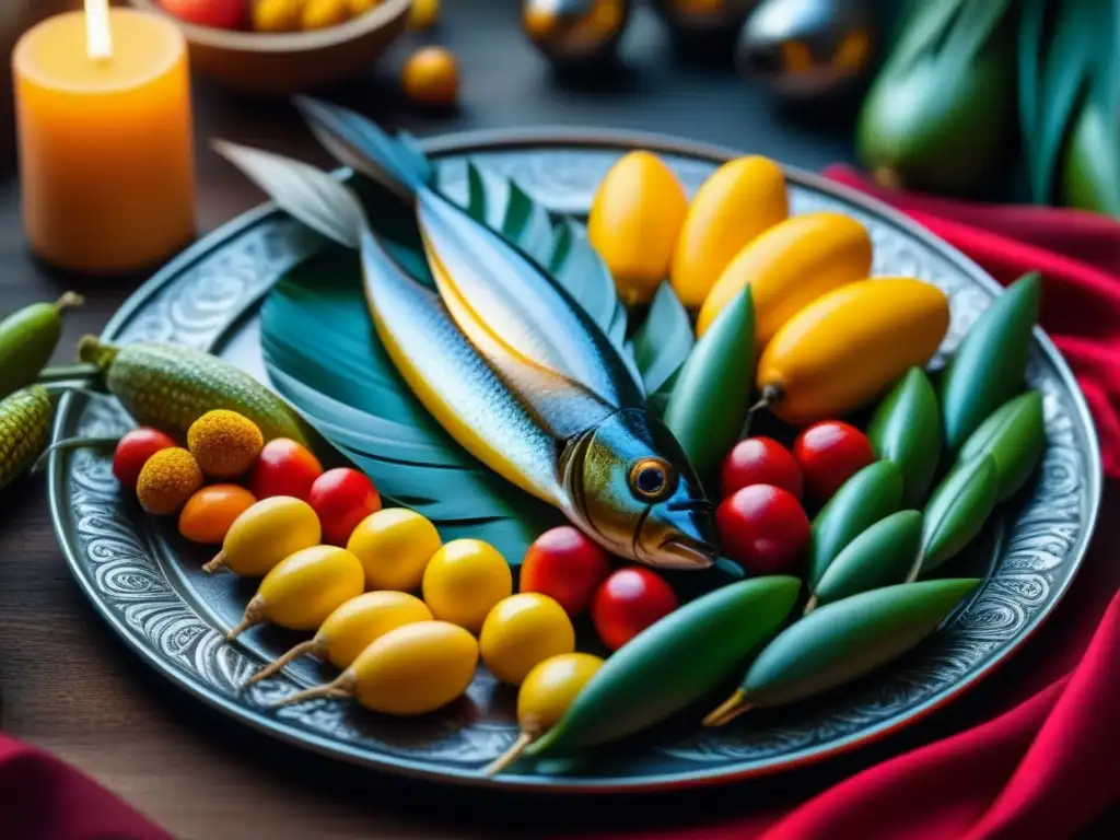 Banquete colonial americano: plato de plata con maíz, frutas, pescado fresco y decoraciones de plumas