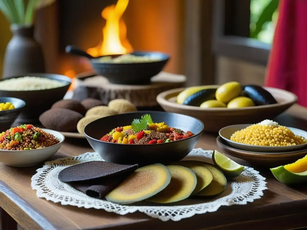 Un banquete colonial en África: mesa rústica llena de platos tradicionales y personas de diferentes clases sociales compartiendo