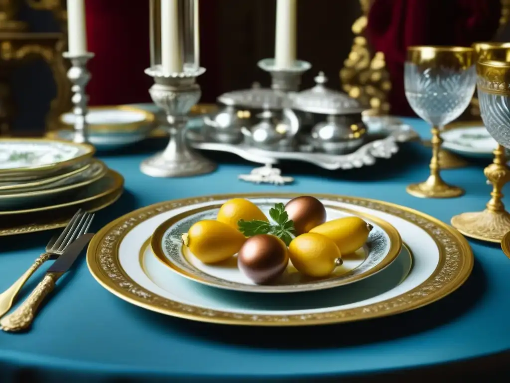 Banquete lujoso al estilo de la Francia Barroca con nobles elegantes y exquisita comida