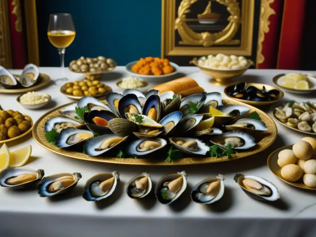 Un banquete de mariscos de lujo en la antigua Grecia: ostras, mejillones y almejas en una mesa elegante rodeada de opulencia