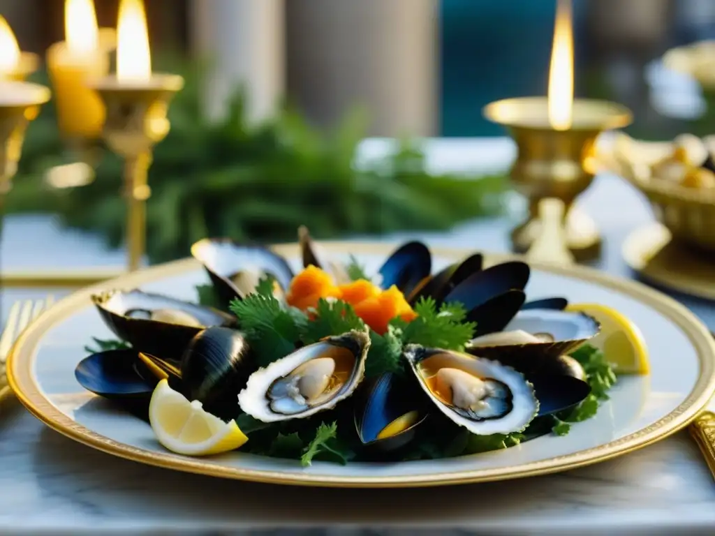 Un banquete de mariscos de lujo en la antigua Grecia, decorado con exquisitez y opulencia