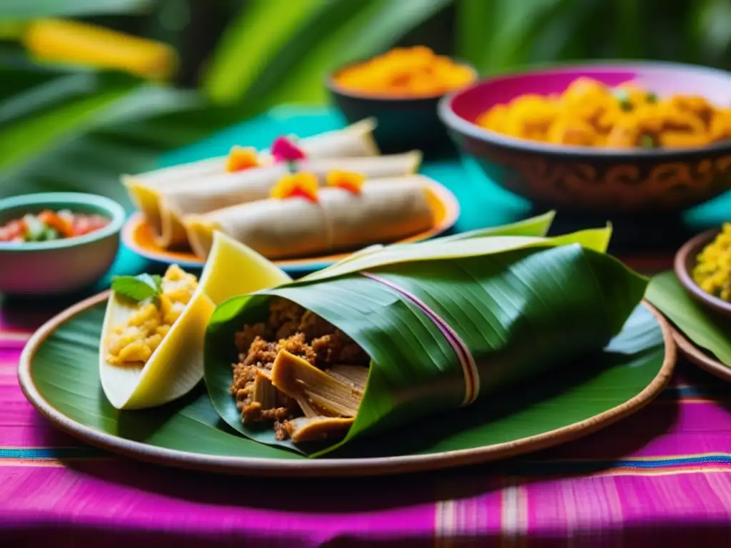 Un banquete maya detallado con cochinita pibil, tamales y salsas coloridas